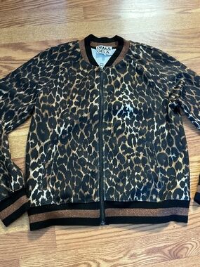 Pam & Gela Black & Tan Satin Animal Print Copper Metallic Trim Full Zip Jacket.